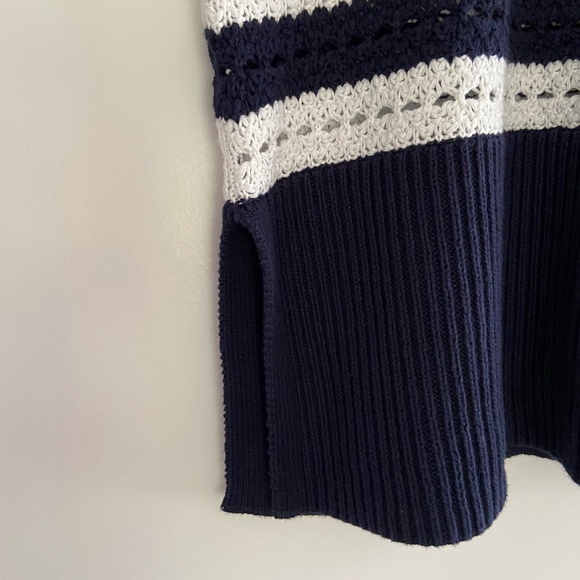 GAP Split-Hem Sweater Cotton Crochet Navy Blue White Stripe Nautical Coastal M - Picture 12 of 16